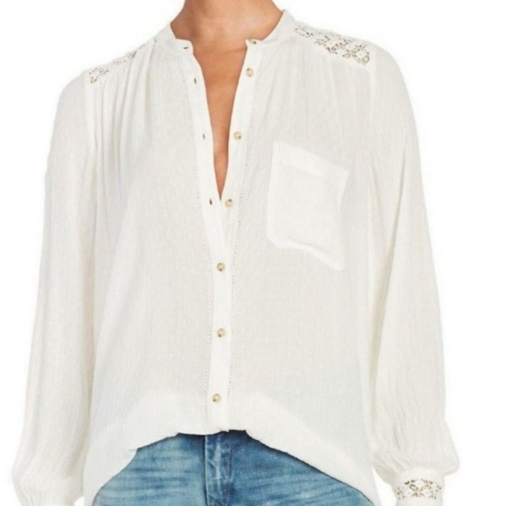 Free People The Best Shirt  Button Up Crochet Off White Cream Size XS